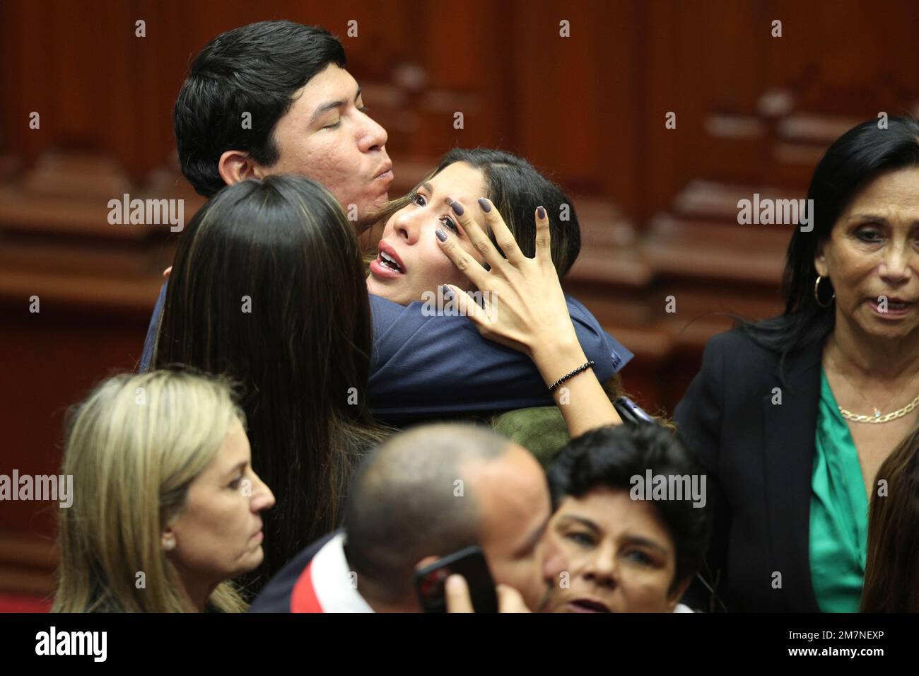 Lawmaker Rosselli Amuruz celebrates with colleagues after congresspeople  verbally voted to remove President Pedro Castillo from office in Lima,  Peru, Wednesday, Dec. 7, 2022. Peru's Congress voted to remove Castillo  from office