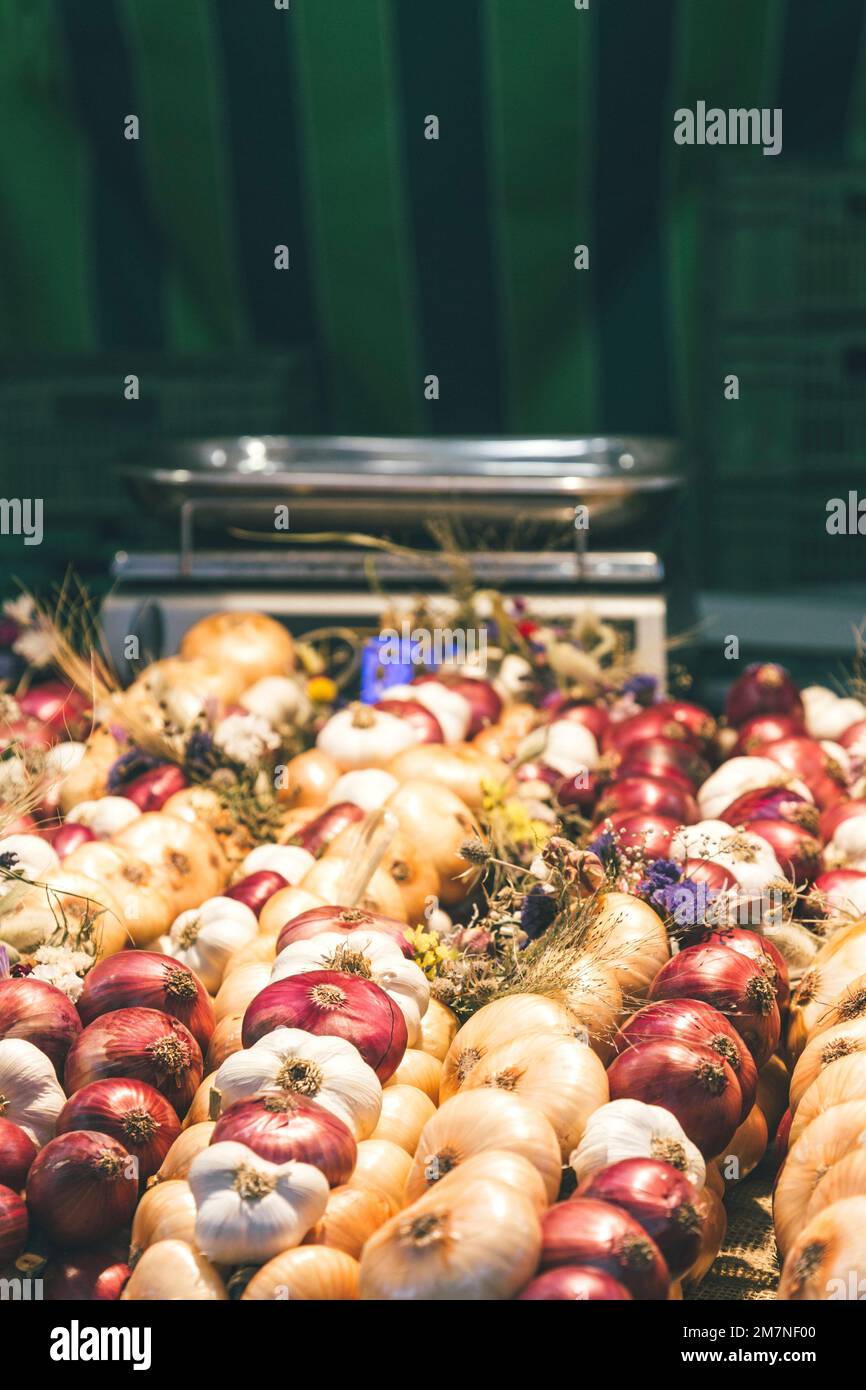 Onions with scales in background, traditional Zibelemärit, onion market