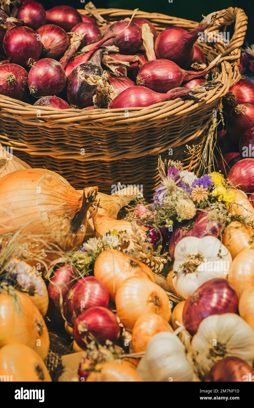 Basket full of onions, Traditional Zibelemärit, onion market in Bern