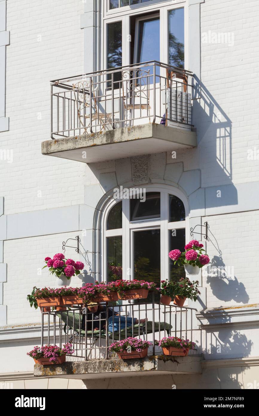Balcony with flower pots, Old residential building at the Schlossteich