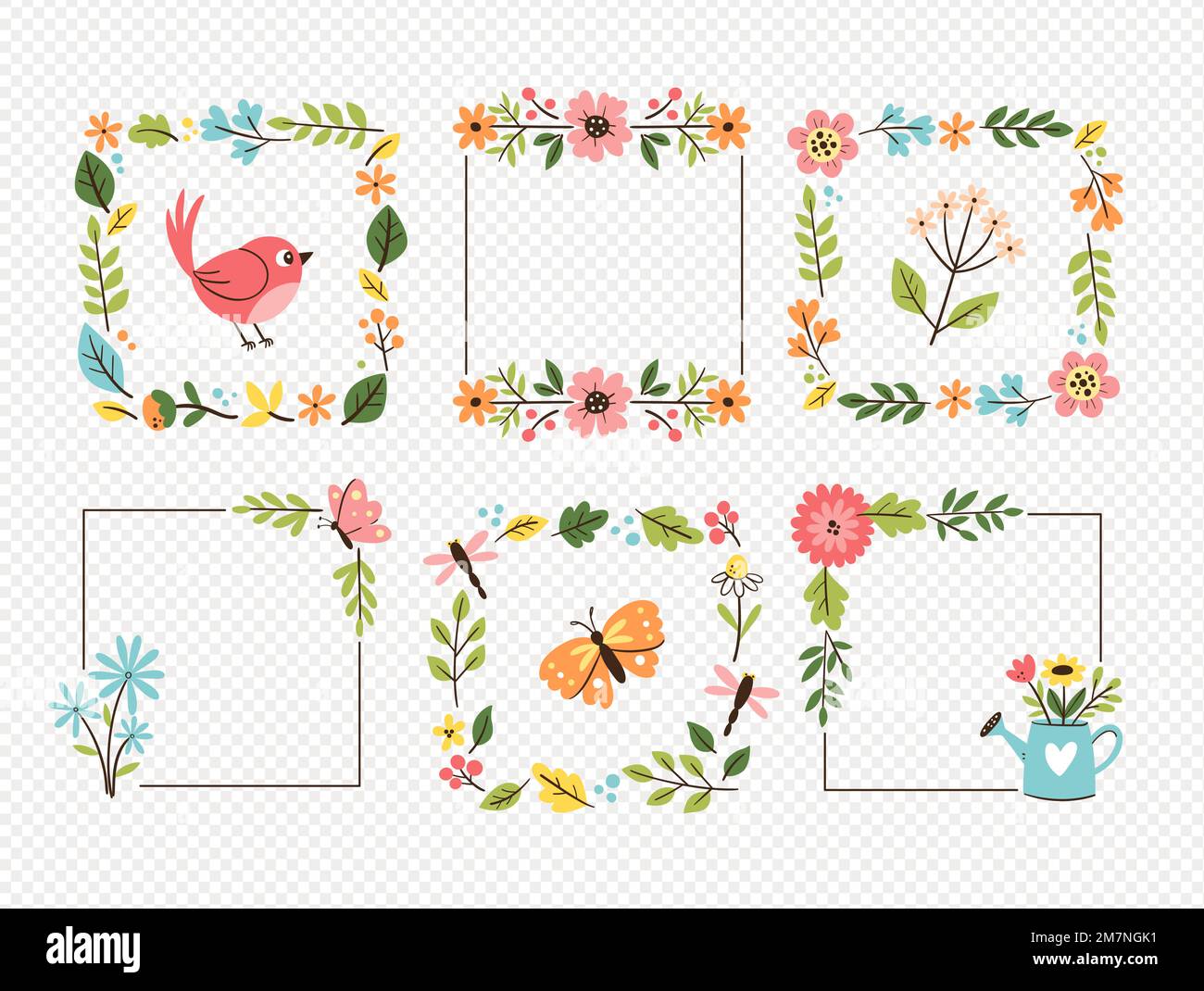 Spring decorative frames. Collection of six cute frames isolated
