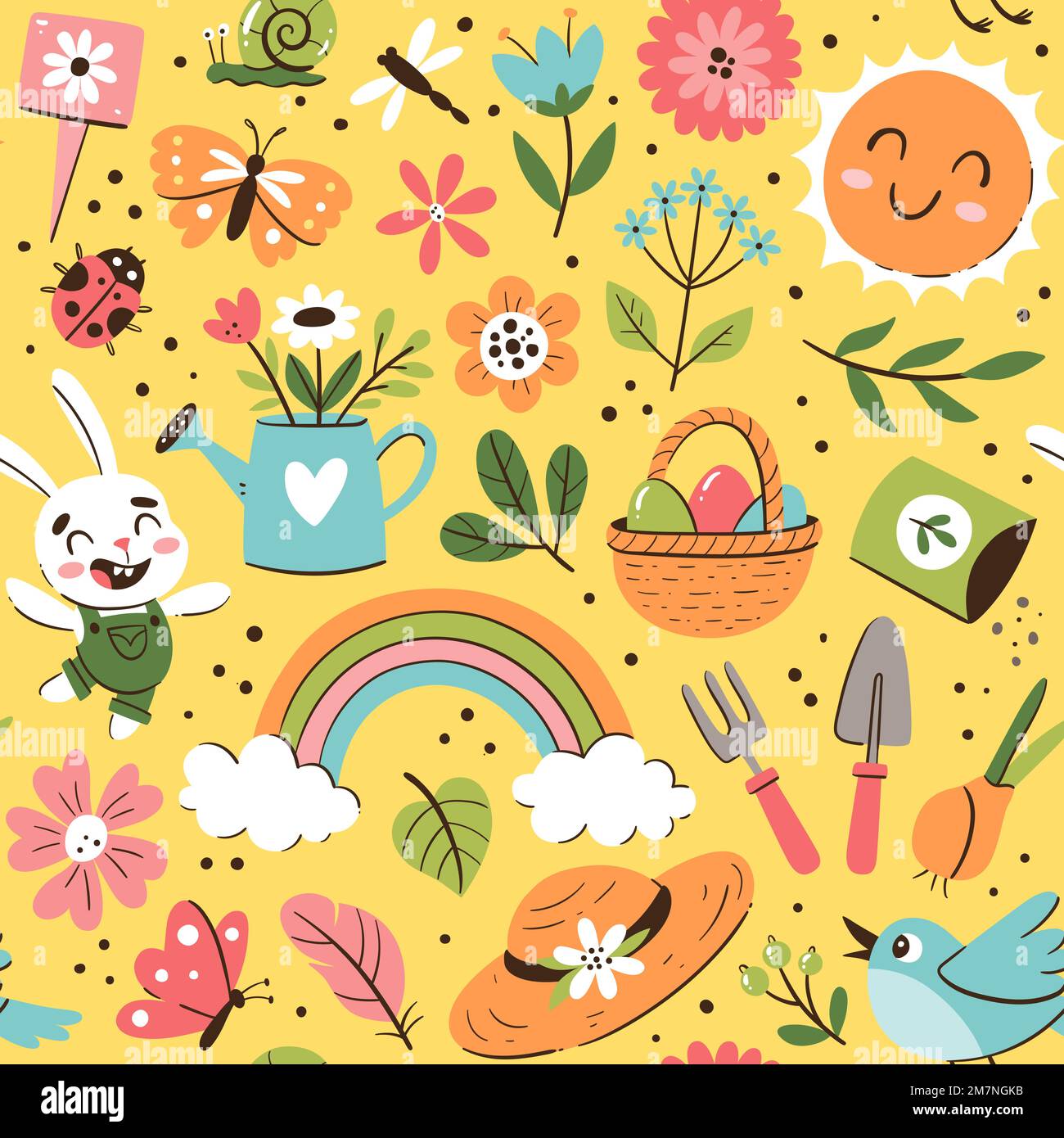 Hand drawn spring seamless pattern with seasonal elements. Flowers, plants and gardening tools. Colorful vector illustration with isolated elements. Stock Vector