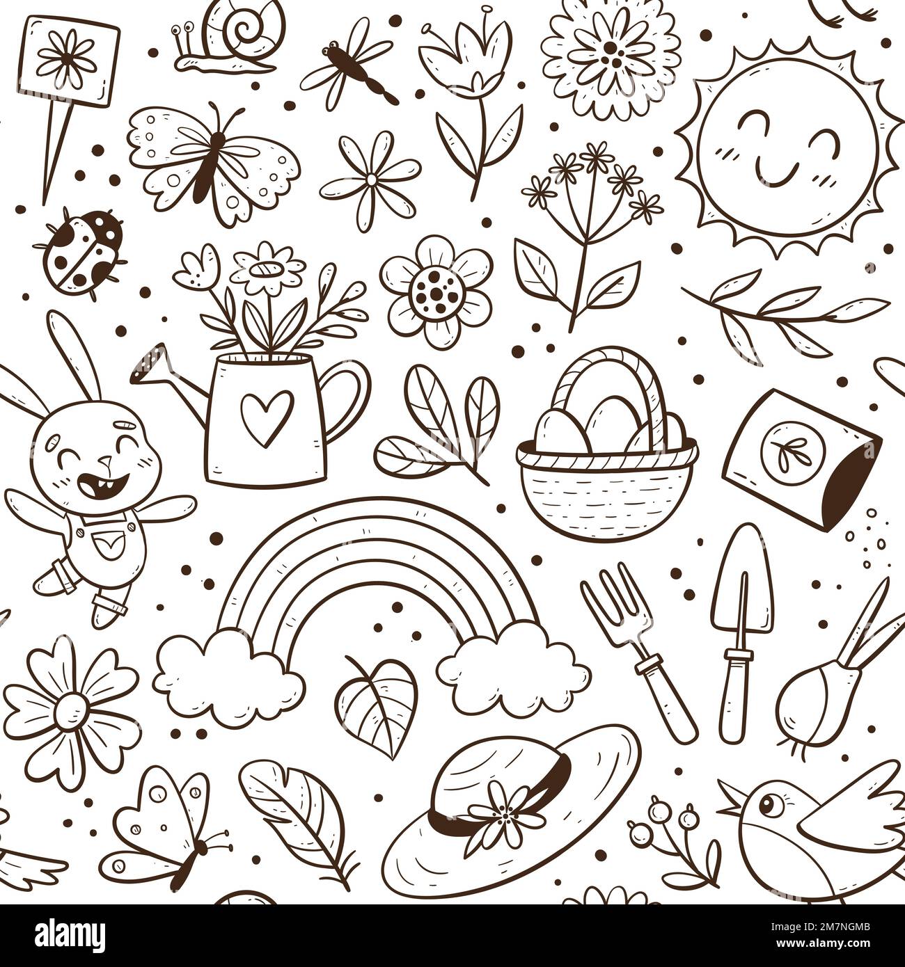 Hand drawn spring seamless pattern with seasonal elements. Flowers, plants and gardening tools. Doodle vector illustration with isolated elements. Stock Vector