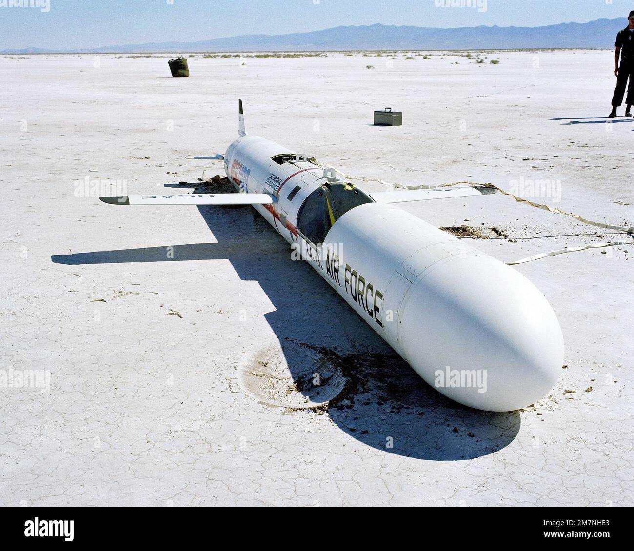 A close-up view of an AGM-109 Tomahawk air-launched cruise missile on the ground after impact. Base: Dugway Proving Grounds State: Utah (UT) Country: United States Of America (USA) Stock Photo