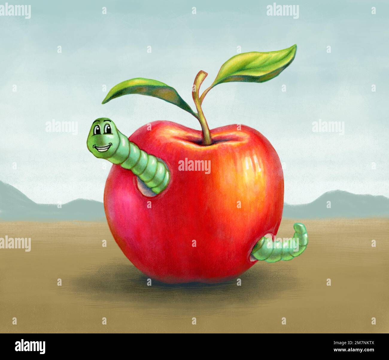 Smiling worm eating a red apple. Mixed media illustration. Stock Photo