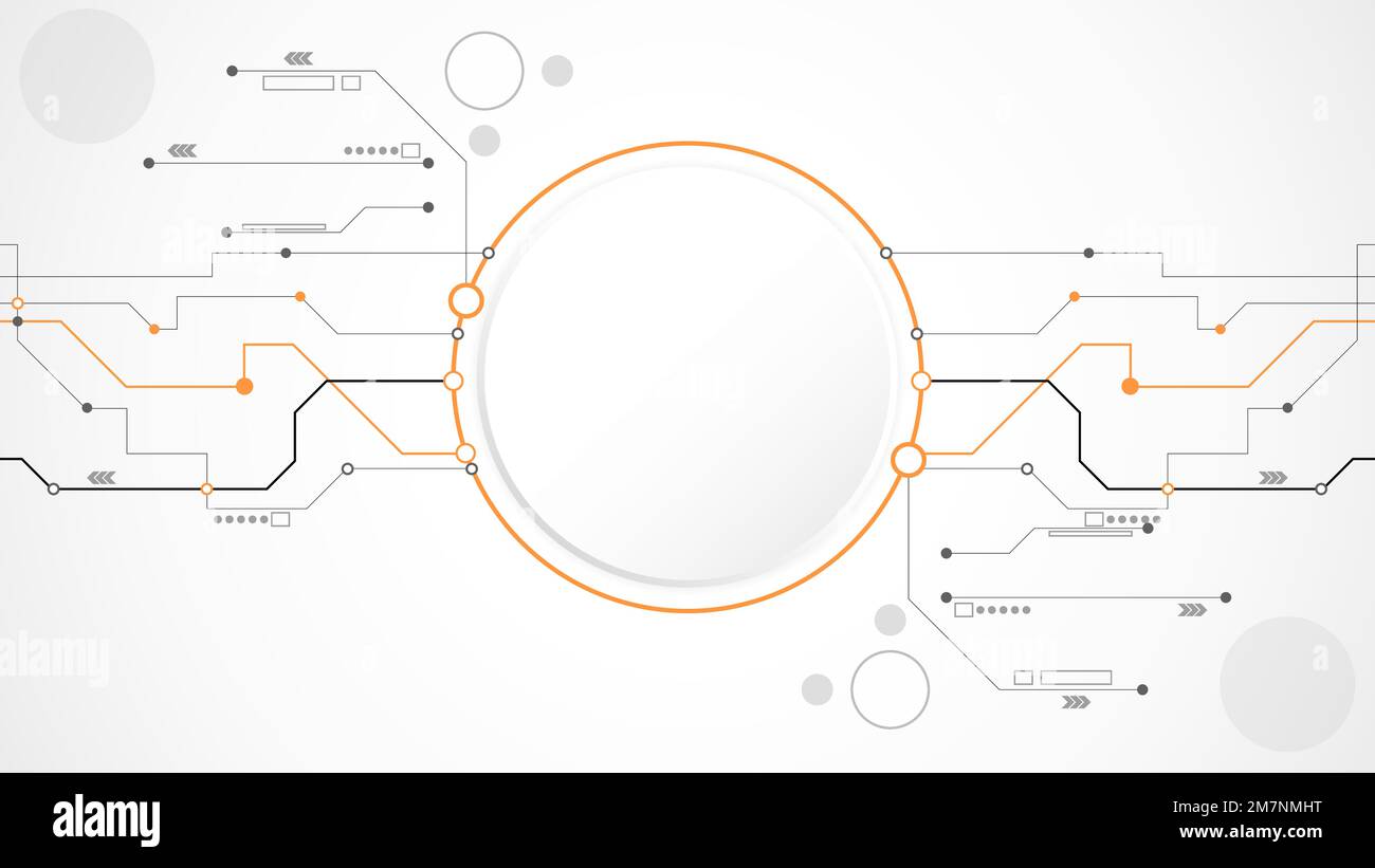 white grey circle technology background abstract. technology with line digital color grey, orange, dot, hi-tech, vector. circle technological for web Stock Vector