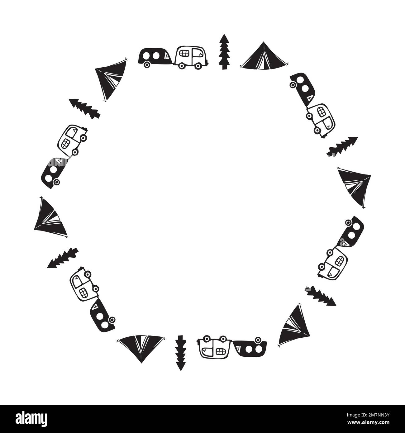 Campervan graphic frame. Folk art travel caravan vector border Stock