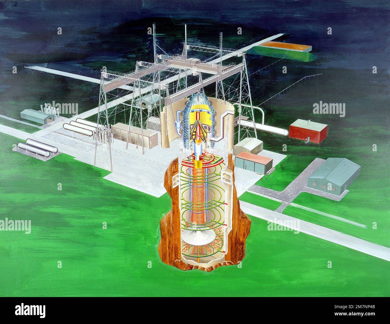 Artist's cutaway drawing of a J-4 Vertical Rocket Motor Test Cell. Country: Unknown Stock Photo