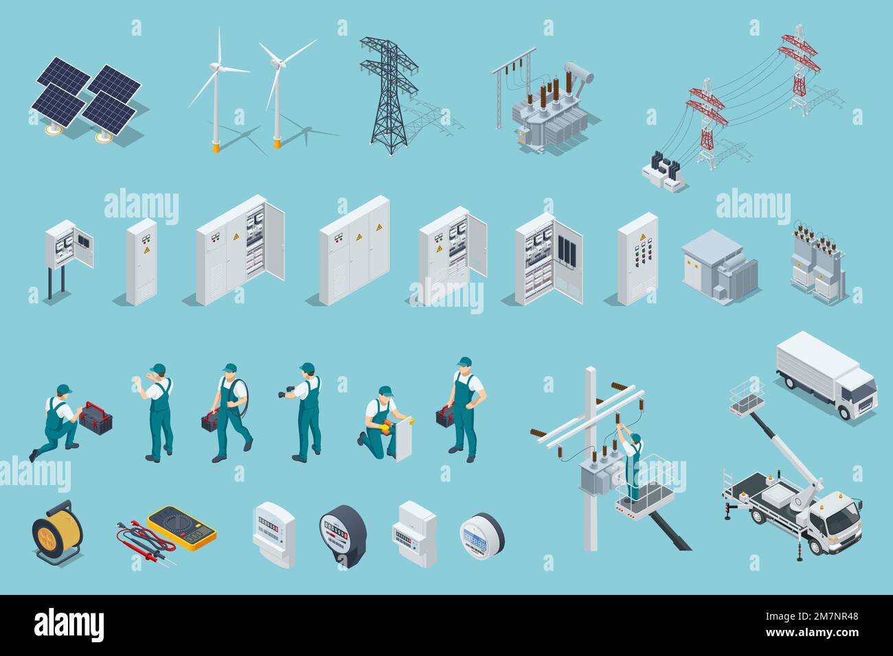 Isometric electricity icons set with solar panels, power stations, high