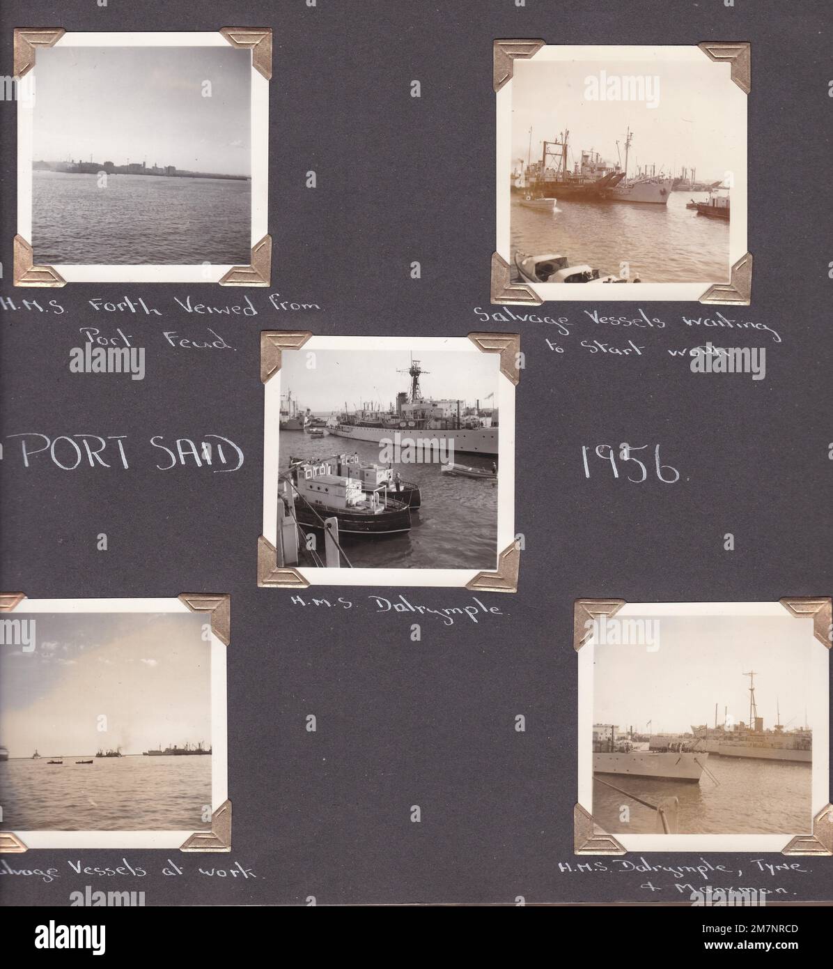 Vintage photo album page of a servicing Naval seaman 1956 - 1957. Stock Photo