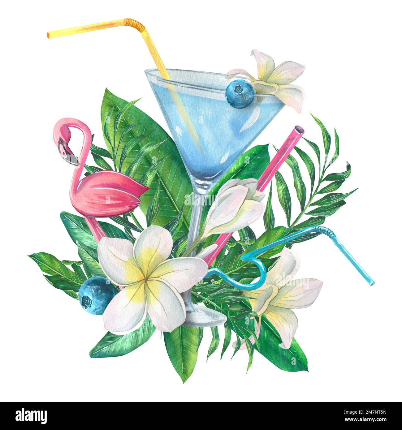 Alcoholic cocktail with tropical leaves, flowers and pink flamingo ... Alcoholic cocktail with tropical leaves, flowers and pink flamingo ...
