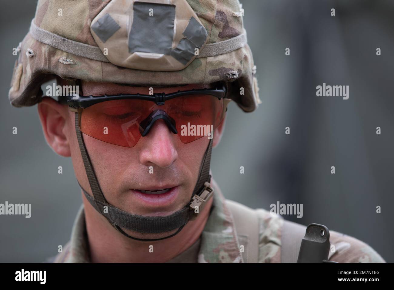 Staff Sgt. Ryan Franklin pauses to catch his breath during an event to qualify for the Expert Soldier Badge at Fort McCoy, Wisconsin on May 11, 2022. Stock Photo