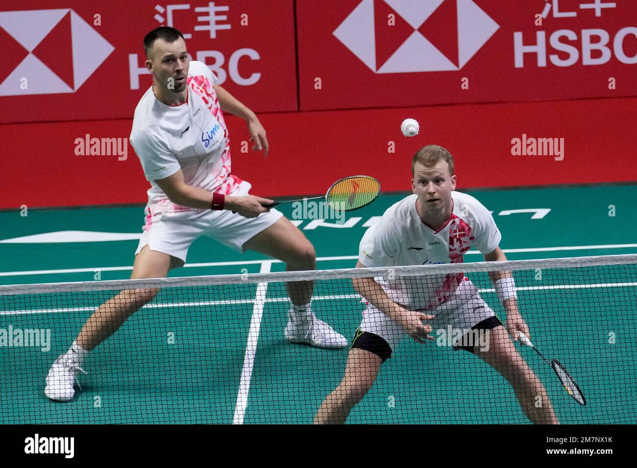 Denmarks Anders Skaarup Rasmussen, left, and Kim Astrup compete against Chinas Liu Yu Chen, and Ou Xuan Yi during their mens doubles Group A badminton match at the BWF World Tour Finals