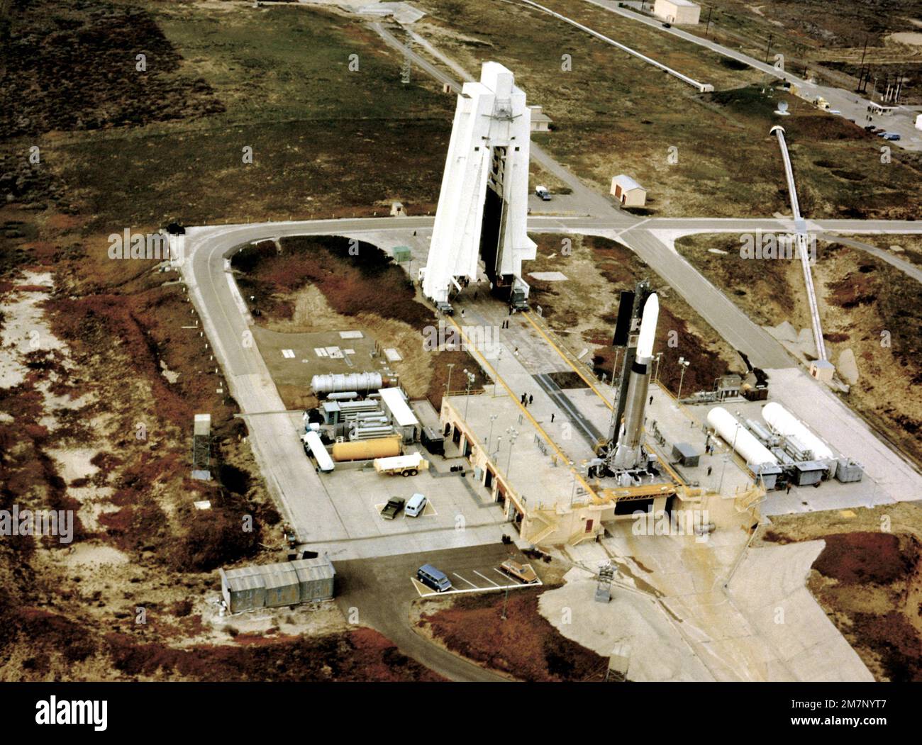 An aerial view of the Atlas NDS-5 spacecraft at Space Launch Complex Three, during a simulated launch. Base: Los Angeles Air Force Base State: California (CA) Country: United States Of America (USA) Stock Photo