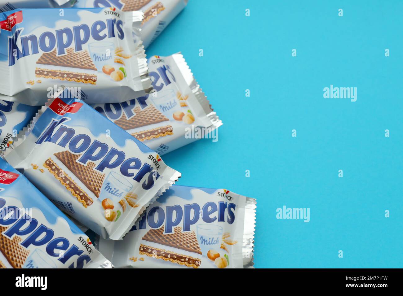KYIV, UKRAINE MAY 4, 2022 Packshot of Knoppers crispy waffle