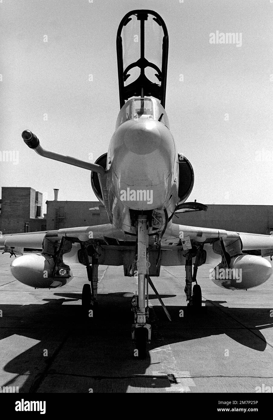 A low angle, front view of the last TA-4F Skyhawk aircraft received at this Marine Corps Air Station. The A-4 is a 'work horse' used by the infantry for many close air support missions. Base: Marine Corps Air Station El Toro State: California (CA) Country: United States Of America (USA) Stock Photo