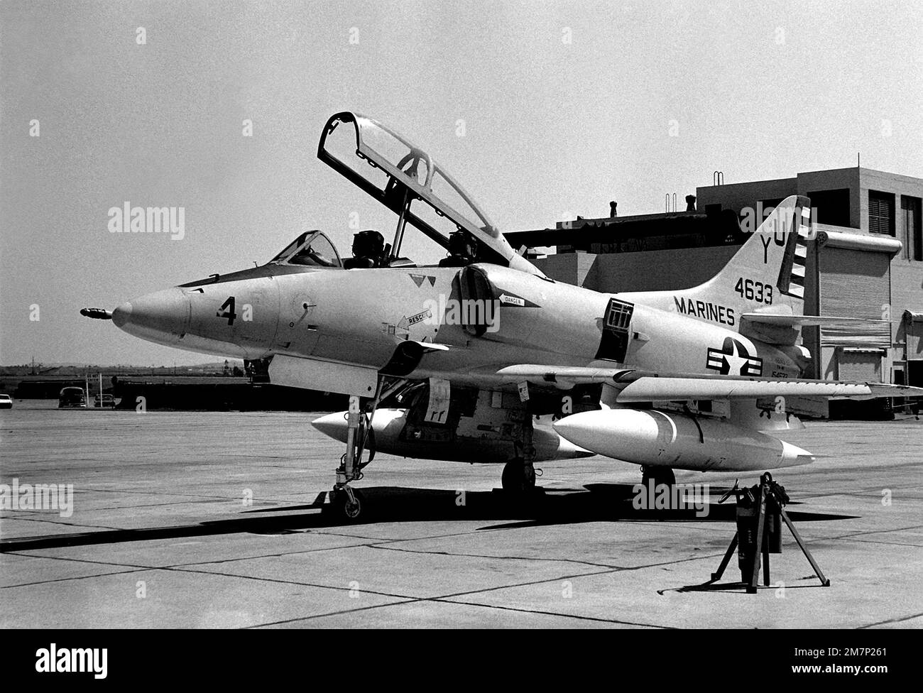 Left side view of the last TA-4F Skyhawk aircraft to be received by this Marine Corps Air Station. The A-4 is a 'work horse' used by the infantry for many close air support missions. Base: Marine Corps Air Station El Toro State: California (CA) Country: United States Of America (USA) Stock Photo