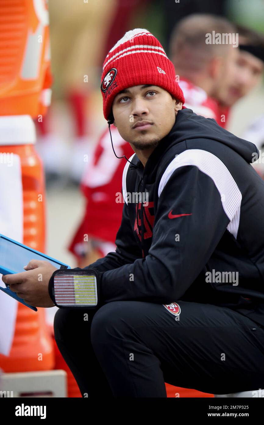 San Francisco 49ers quarterback Trey Lance (5) sits on the sideline