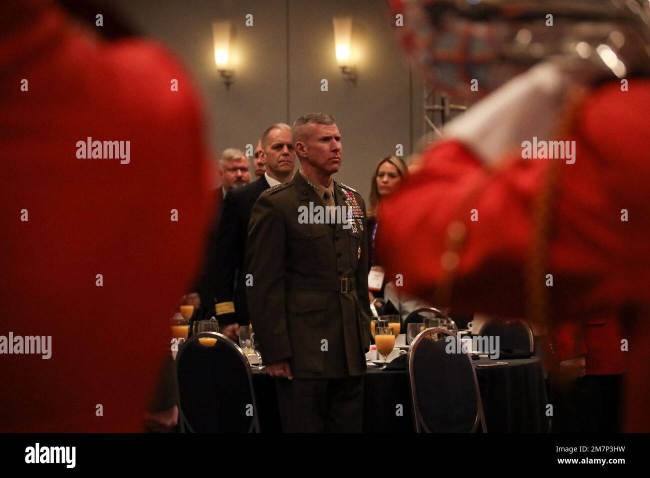 U.S. Marine Corps Gen. Eric M. Smith, the assistant commandant of the Marine Corps, stands at the position of attention during a Congressional breakfast at Modern Day Marine 2022 at the Walter E. Convention Center, Washington D.C., May 10, 2022. During the breakfast, Gen. Smith awarded the 2022 Marine Corps League Award recipients. Stock Photo