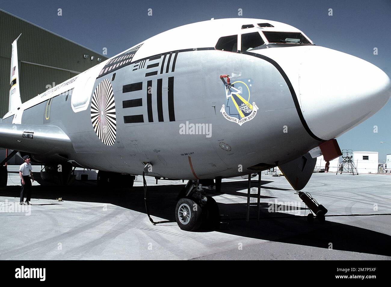 A closeup front view of a parked NKC135 airborne laser laboratory