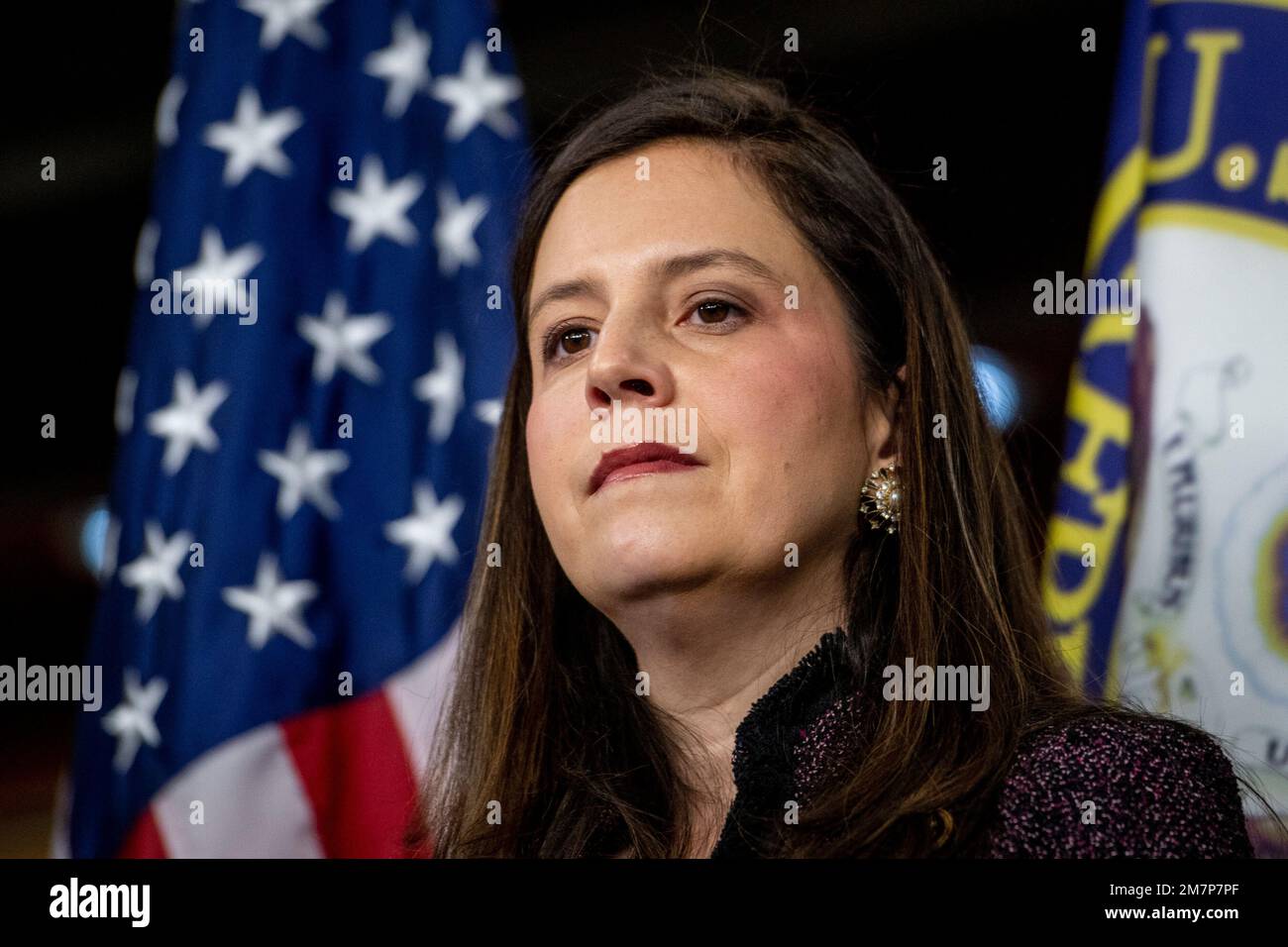 House Republican Conference Chair United States Representative Elise Stefanik (Republican of New York) listens to remarks during a press conference at the US Capitol in Washington, DC, Tuesday, January 10, 2023. Credit: Rod Lamkey/CNP Stock Photo