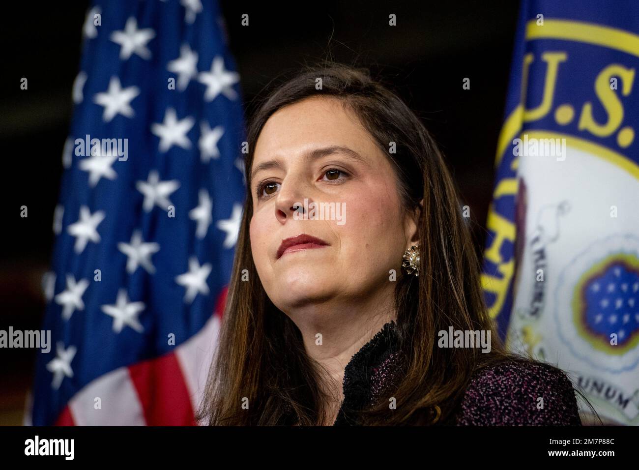 Washington, United States Of America. 10th Jan, 2023. House Republican Conference Chair United States Representative Elise Stefanik (Republican of New York) listens to remarks during a press conference at the US Capitol in Washington, DC, Tuesday, January 10, 2023. Credit: Rod Lamkey/CNP/Sipa USA Credit: Sipa USA/Alamy Live News Stock Photo