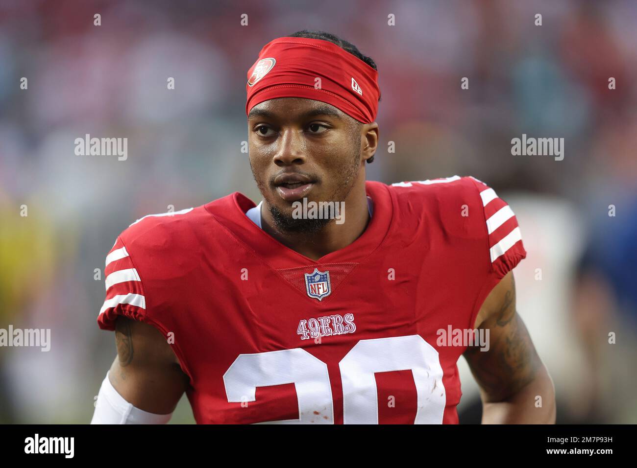 San Francisco 49ers cornerback Ambry Thomas (20) looks on after a win  during an NFL football game against the Miami Dolphins, Sunday, Dec. 04,  2022 in Santa Clara, Calif. (AP Photo/Lachlan Cunningham