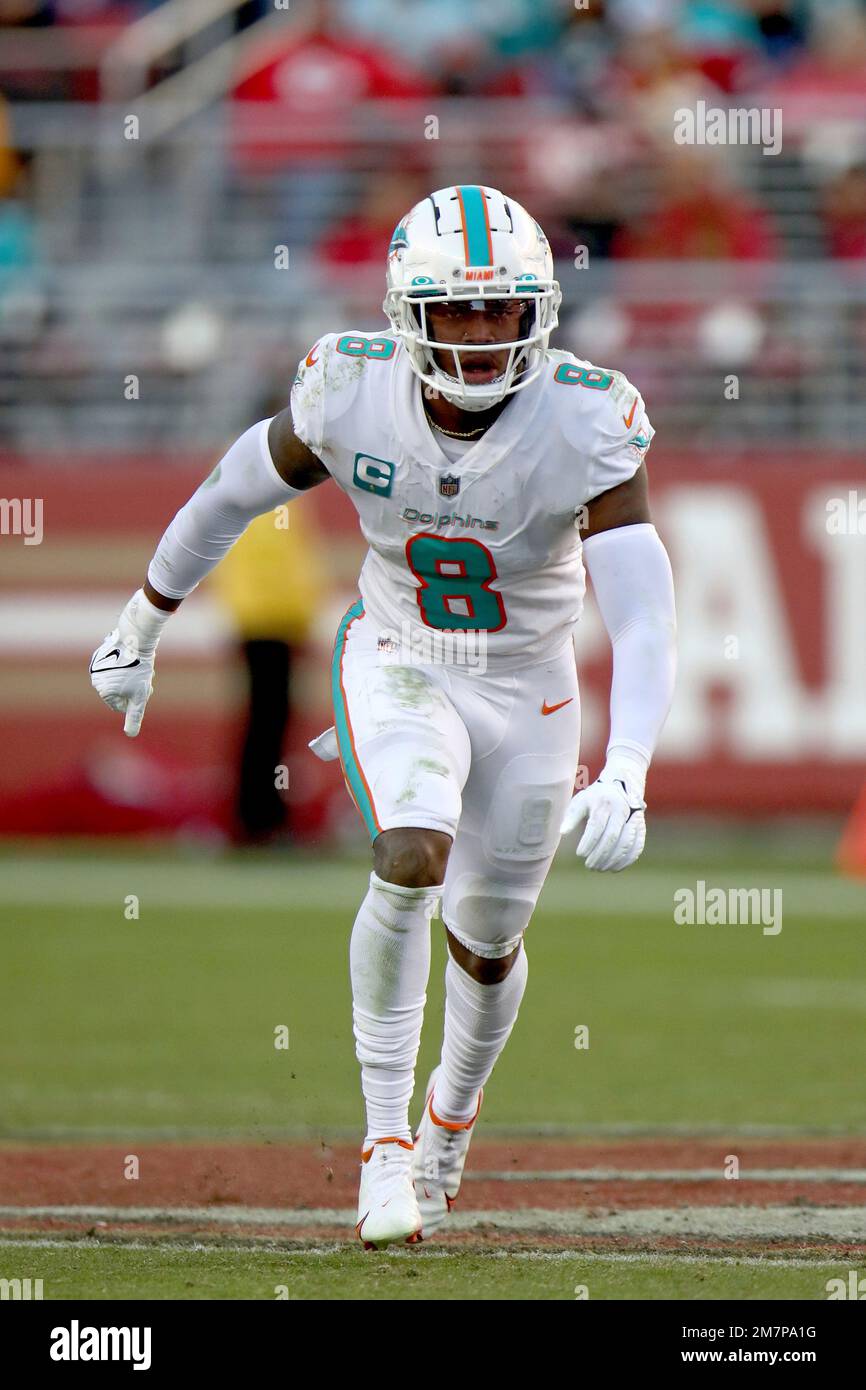 Miami Dolphins safety Jevon Holland (8) defends during an NFL football game  against the San Francisco 49ers, Sunday, Dec.4, 2022, in Santa Clara,  Calif. (AP Photo/Scot Tucker Stock Photo - Alamy