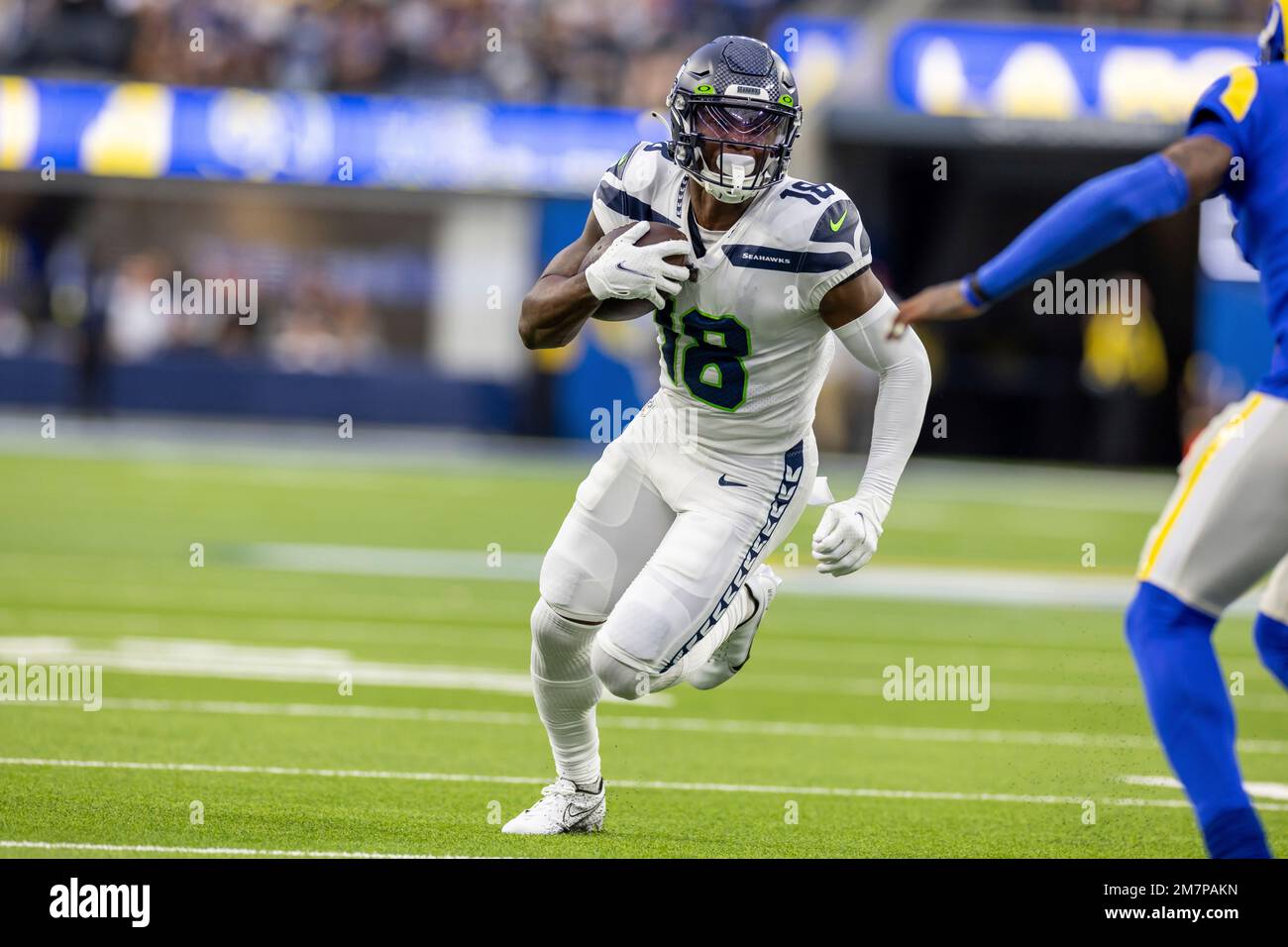 Seattle Seahawks wide receiver Laquon Treadwell (18) looks on before an NFL  football game against the Las Vegas Raiders, Sunday, Nov. 27, 2022, in  Seattle, WA. The Raiders defeated the Seahawks 40-34. (