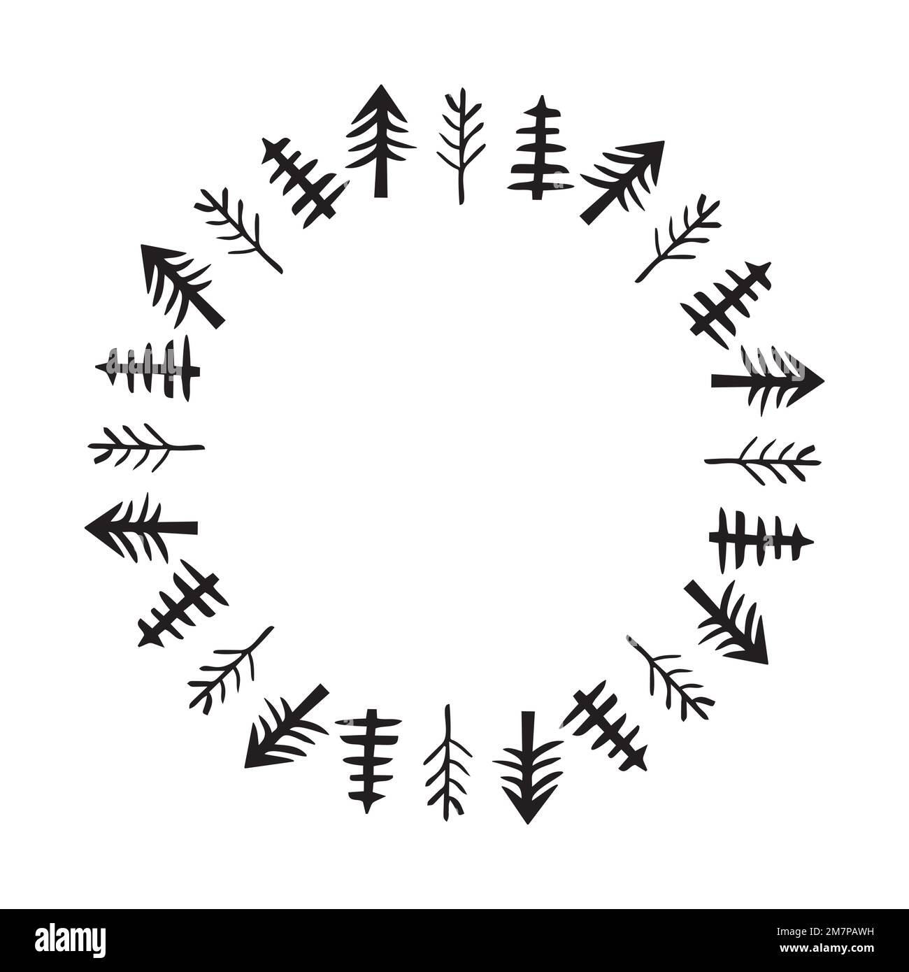 Outdoor forest vector frame. Scandi block print woodland border Stock