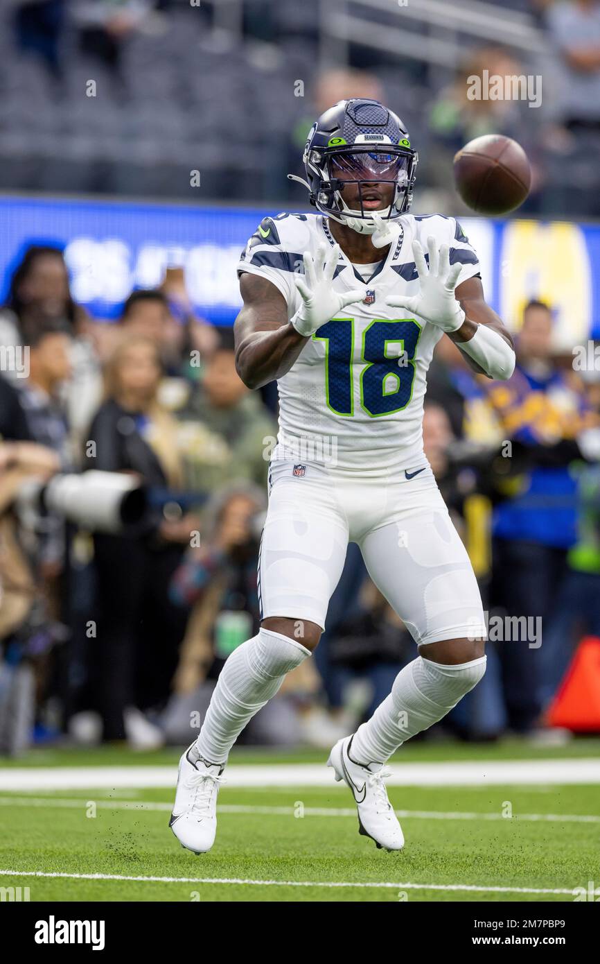 Seattle Seahawks wide receiver Laquon Treadwell (18) loosk on with the ball  before an NFL football game against the Los Angeles Rams, Sunday, Jan. 8,  2023, in Seattle, WA. The Seahawks defeated