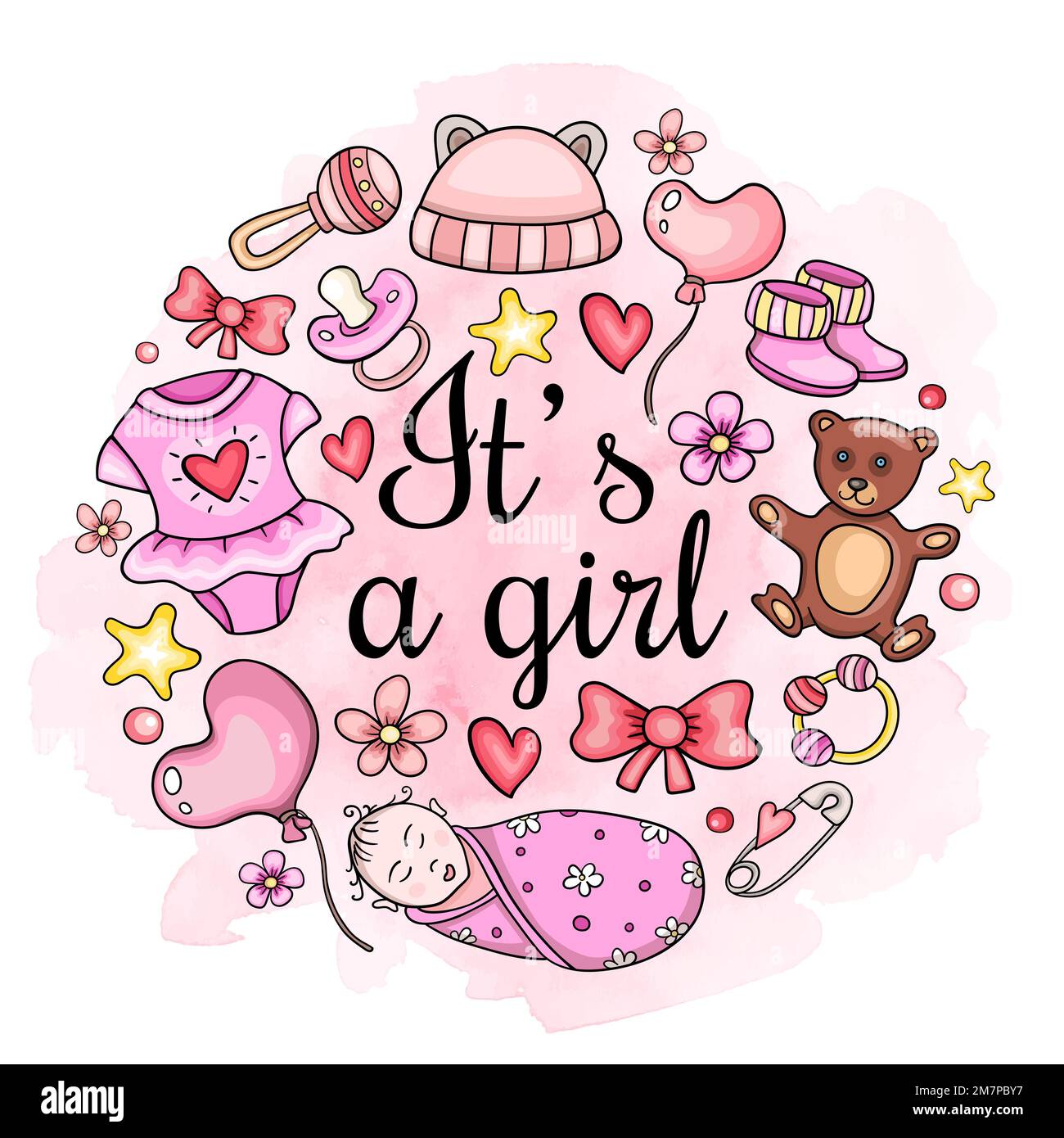 Greeting card It's a girl with cute baby accessory on a pink watercolor