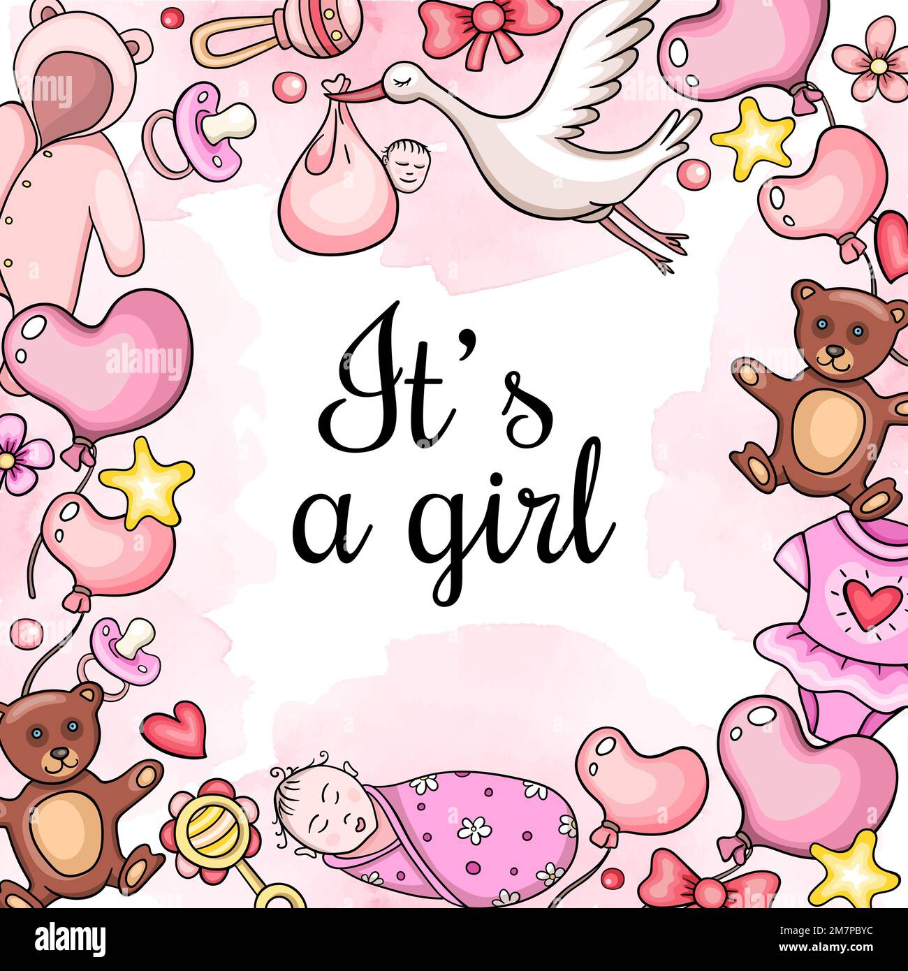 Greeting card It's a girl with cute baby accessory on a pink watercolor ...