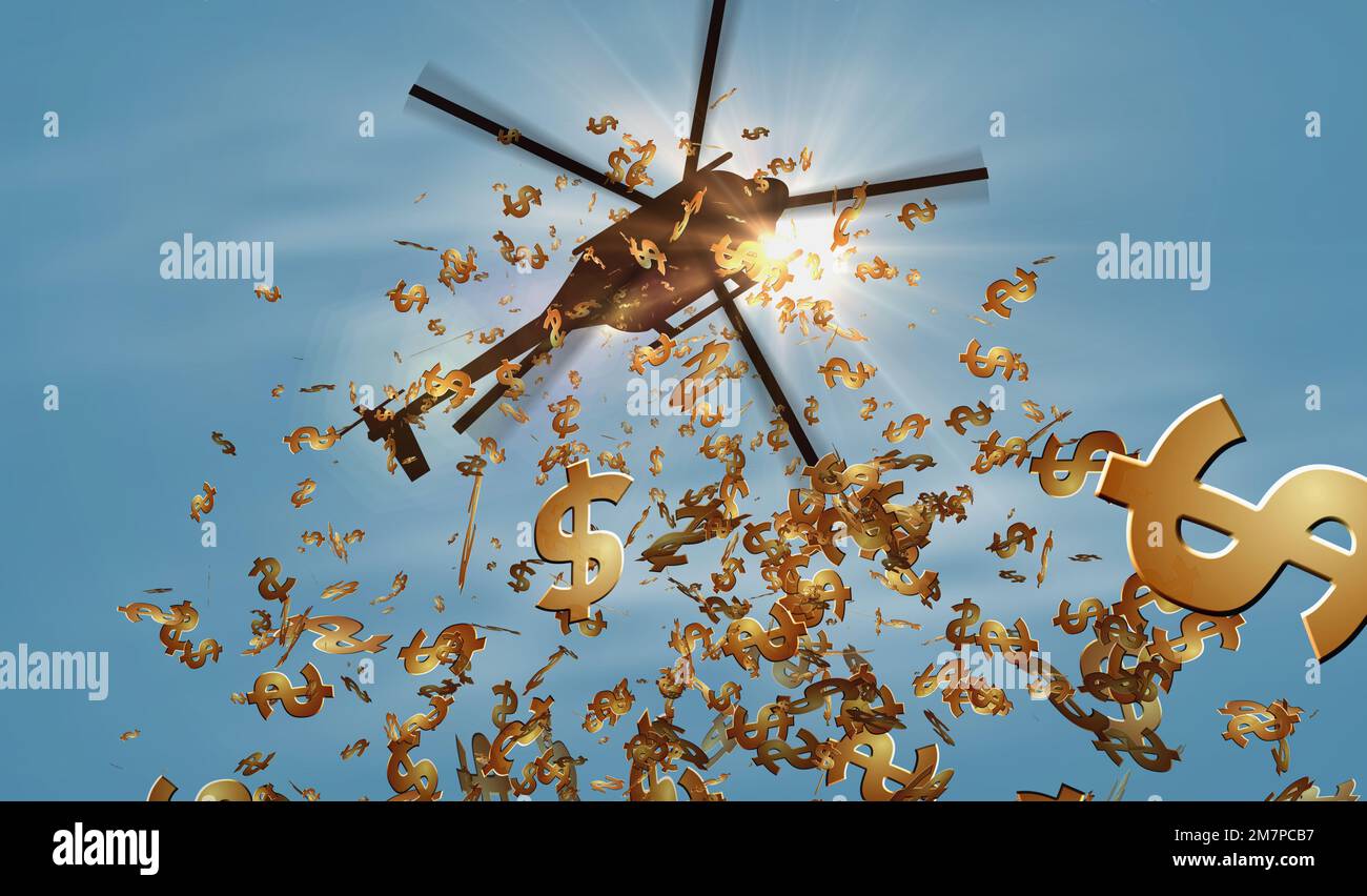 Dollar helicopter money dropping. USA USD symbol abstract 3d concept of inflation, money printing, finance, economy, crisis and quantitative easing il Stock Photo
