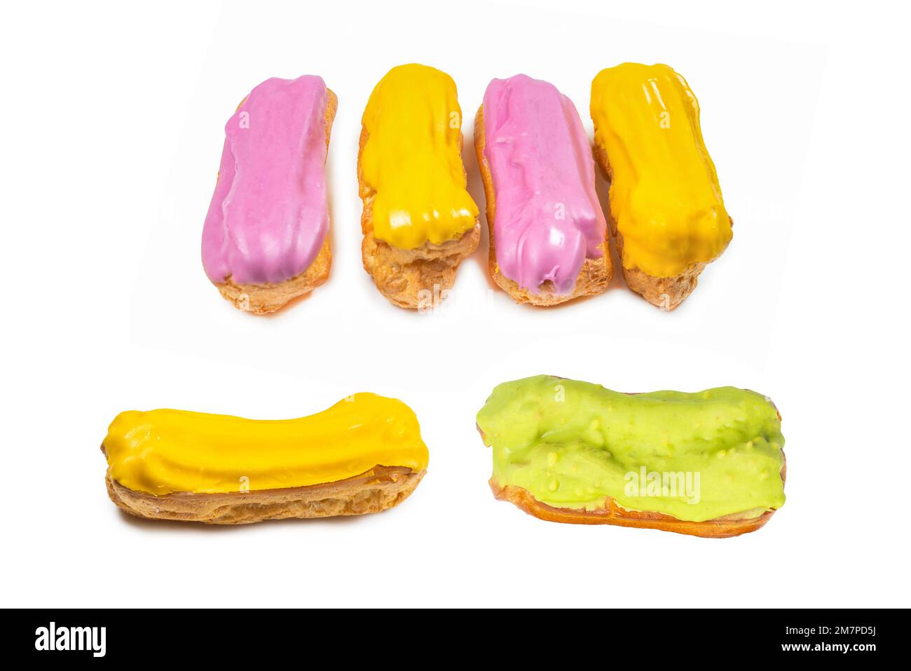Fresh tasty eclairs isoalted on white background. Top view. Stock Photo