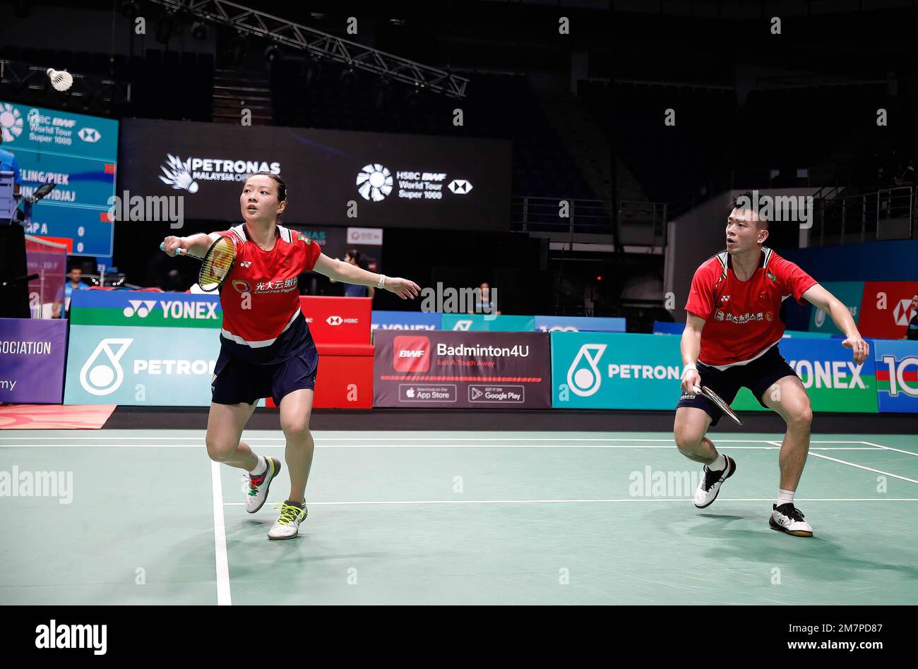 Kuala Lumpur, Malaysia. 10th Jan, 2023. Zheng Si Wei (R) and Huang Ya Qiong of China competes against Yang Po-Hsuan and Hu Ling Fang of Chinese Taipei during the Mixed-Doubles first round match of the Petronas Malaysia Open 2023 at Axiata Arena. Zheng Si Wei and Huang Ya Qiong of China won with scores; 21/21 : 8/14. Credit: SOPA Images Limited/Alamy Live News Stock Photo