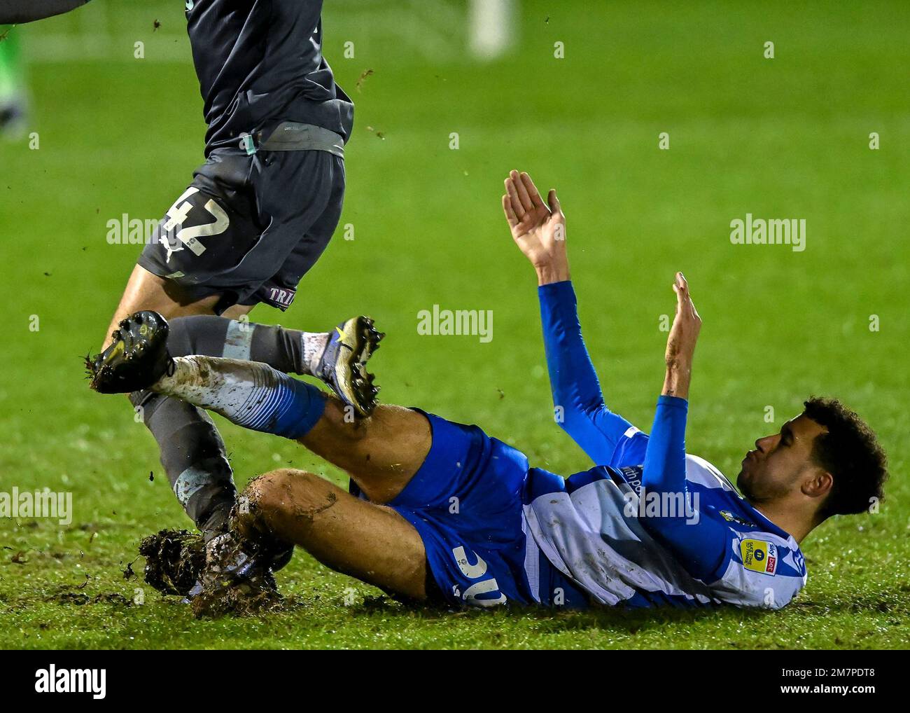 Bristol, UK. 10th Jan, 2023. Bristol Rovers defender Luca Hoole (30) sliding tackle during the Papa John's Trophy match Bristol Rovers vs Plymouth Argyle at Memorial Stadium, Bristol, United Kingdom, 10th January 2023 (Photo by Stanley Kasala/News Images) in Bristol, United Kingdom on 1/10/2023. (Photo by Stanley Kasala/News Images/Sipa USA) Credit: Sipa USA/Alamy Live News Stock Photo