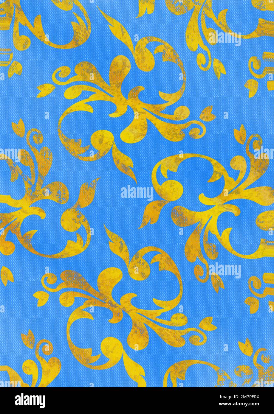 Illustration of blue fabric with floral ornament pattern weathered in gold aged, like a curtain, wallpaper or tapestry, noble beauty as a background Stock Photo