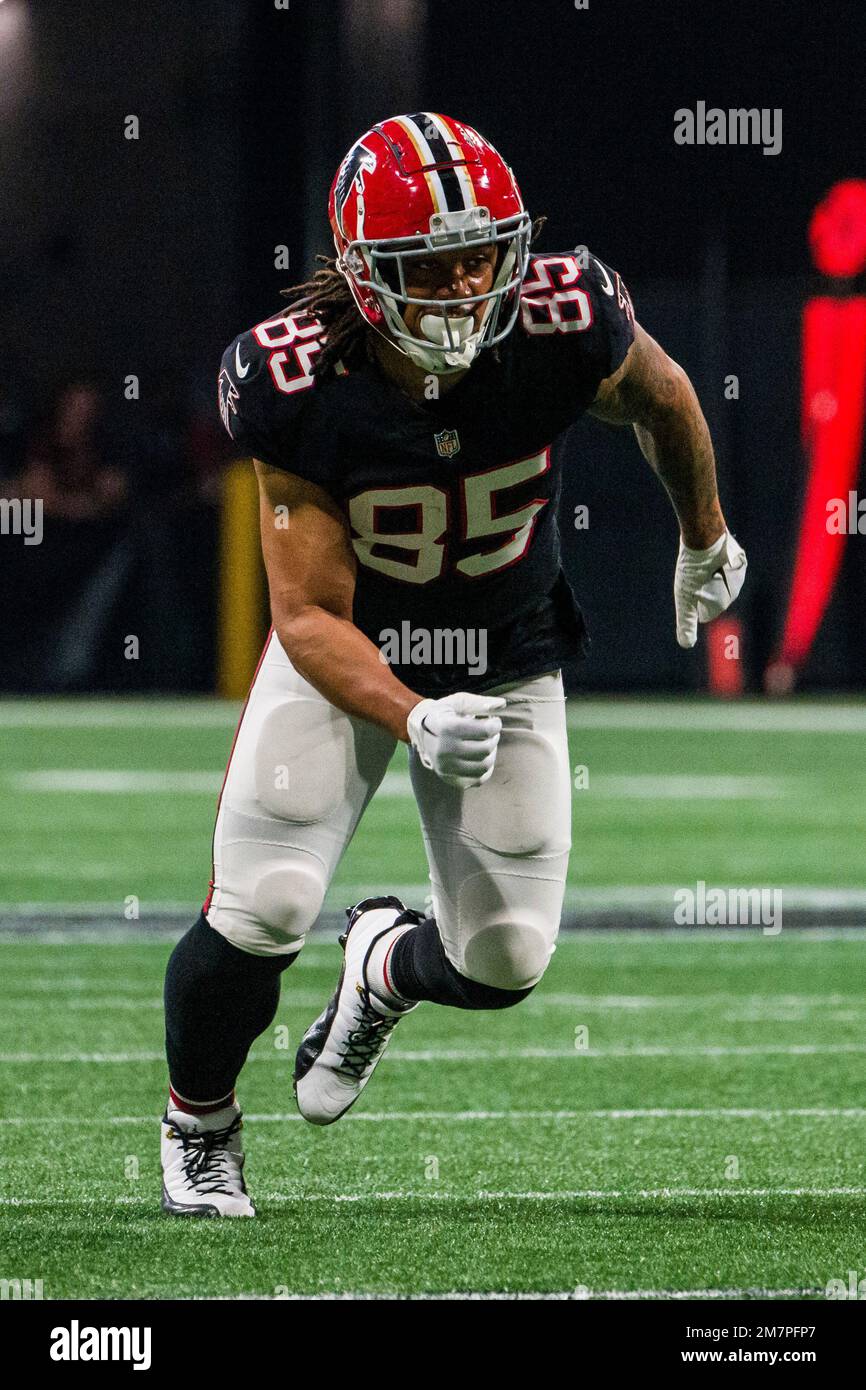 Atlanta Falcons tight end MyCole Pruitt (85) works during the second half  of an NFL football game against the Pittsburgh Steelers, Sunday, Dec. 4,  2022, in Atlanta. The Pittsburgh Steelers won 19-16. (