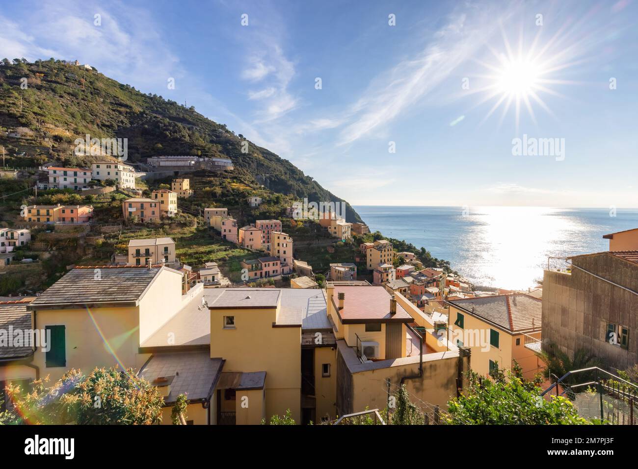 Colorful apartment homes in Riomaggiore, Italy. Cinque Terre Stock