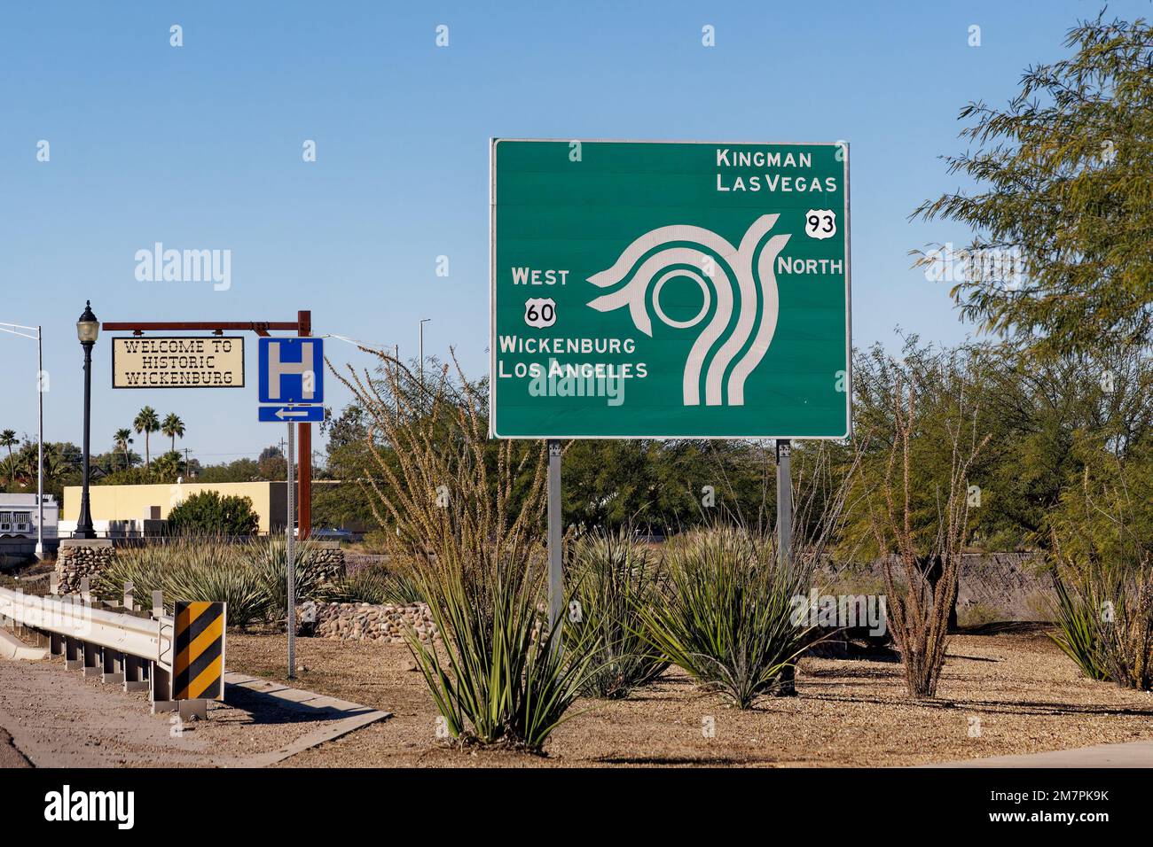 sign at the roundabout in historic Wickenburg, Arizona for US 60 toward Wickenburg and Los