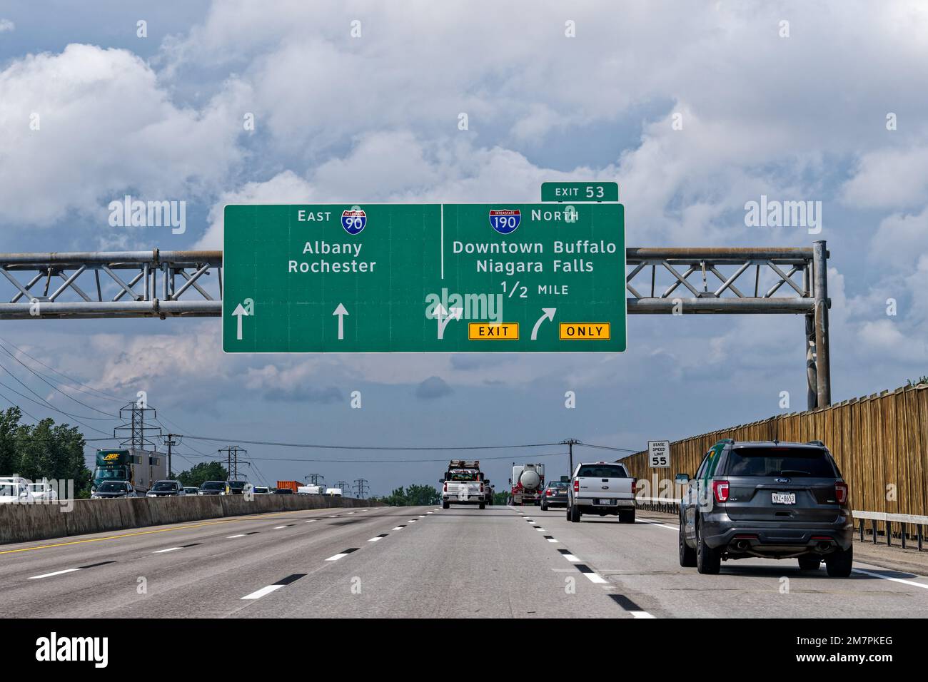 Cheektowaga, New York - July 28, 2022: Exit 53 sign for I190 North, Downtown Buffalo and Niagara Falls from I90 also called the New York State Thruway Stock Photo