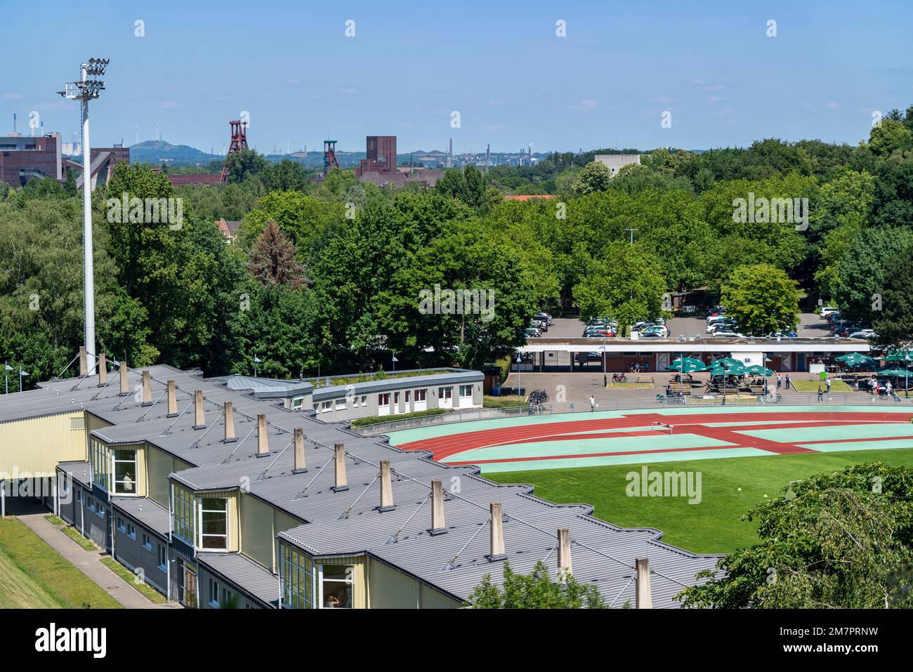 Sportpark am Hallo, Essen-Stoppenberg, Zollverein Coal Mine in the background, NRW, Germany, Stock Photo