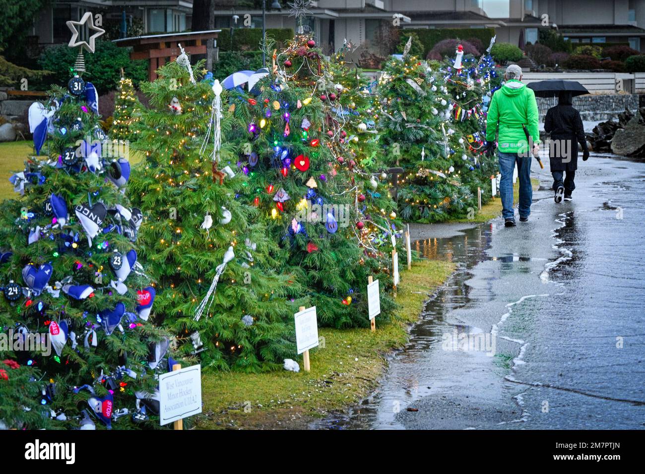 King Tide crosses oceanside path and encroaches on Christmas Trees, Dundarave Festival of Lights, West Vancouver, British Columbia, Canada Stock Photo