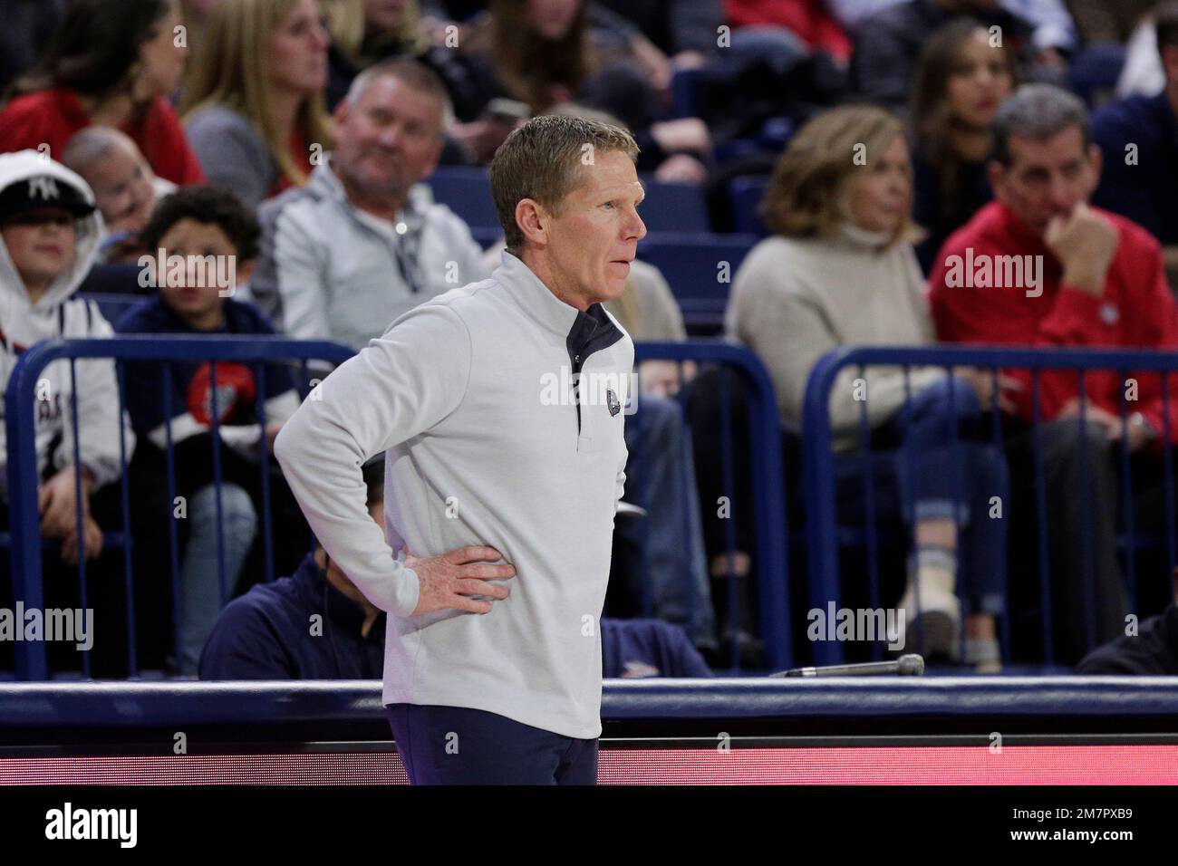 Gonzaga head coach Mark Few watches the first half of an NCAA college