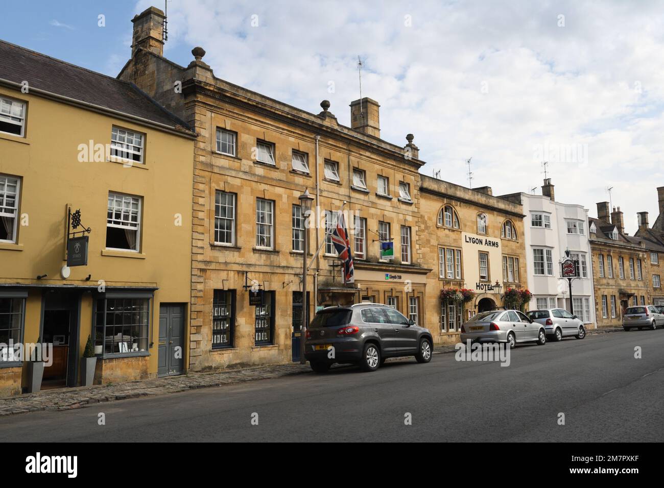 Chipping Campden High Street England, market town in the English Cotswolds. British Legion and Lloyd bank building, grade II* listed building Stock Photo