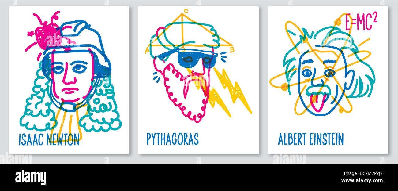 Poster of famous scientist Pythagoras, Albert Einstein, Isaak Newton, line illustration Stock Vector