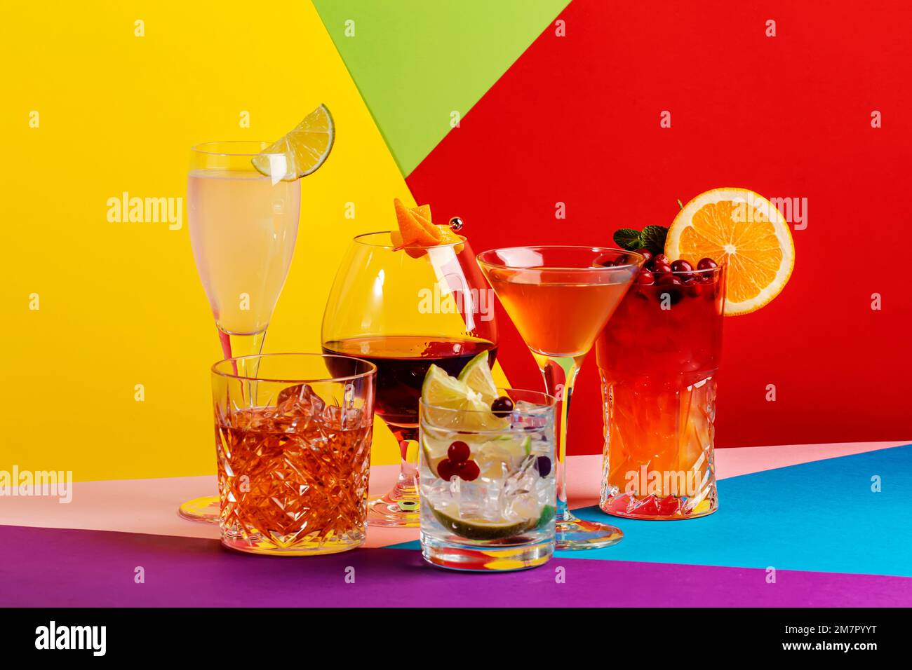 Summer alcoholic cocktails in glasses with rum, gin, prosecco and