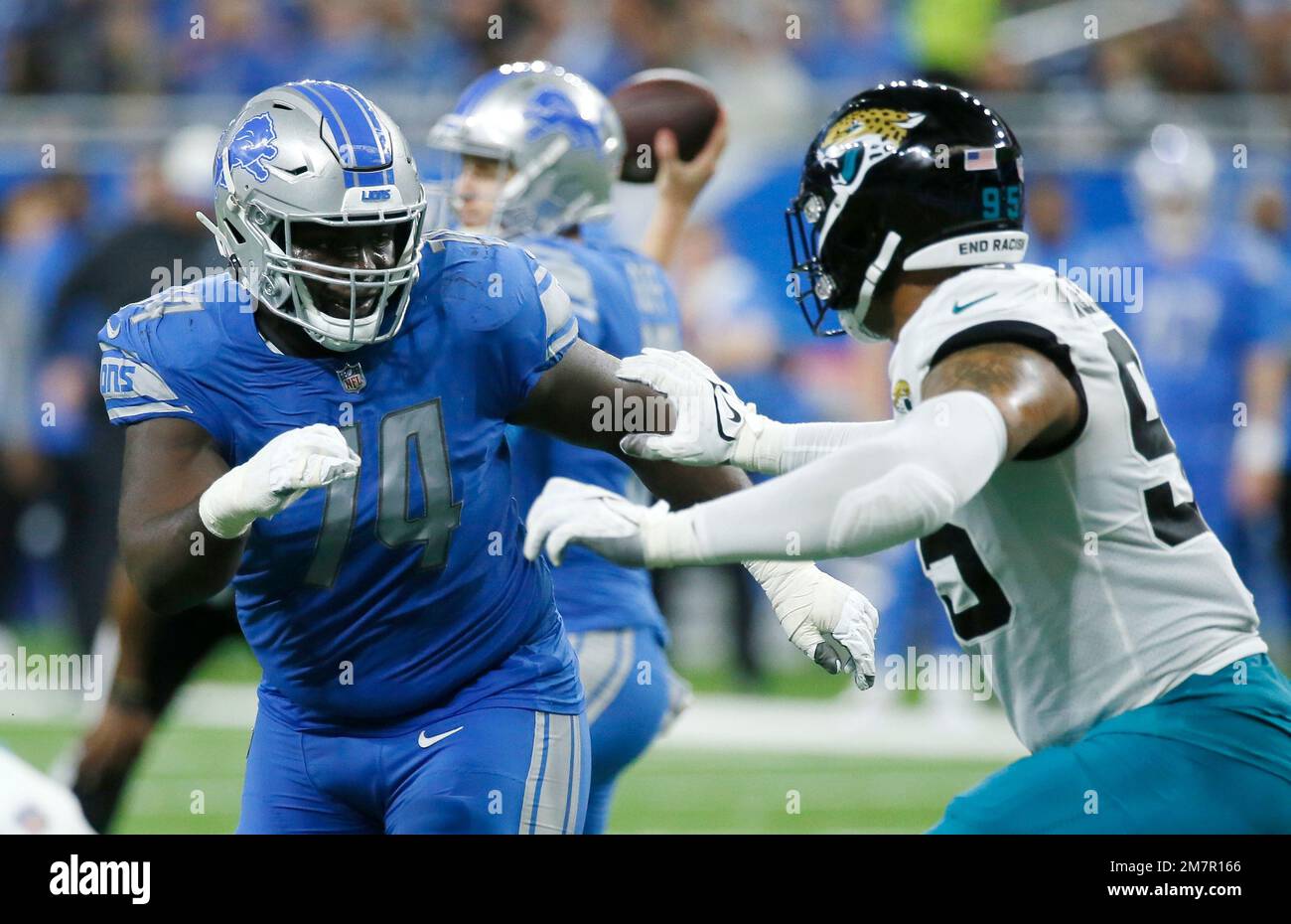 Detroit Lions guard Kayode Awosika (74) reacts at the conclusion of an NFL  football game against the New England Patriots, Sunday, Oct. 9, 2022, in  Foxborough, Mass. (AP Photo/Greg M. Cooper Stock