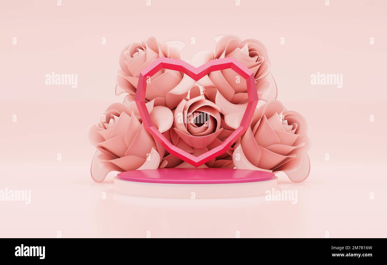 3d rendering Pink studio Background with polygon heart shape on pink ...
